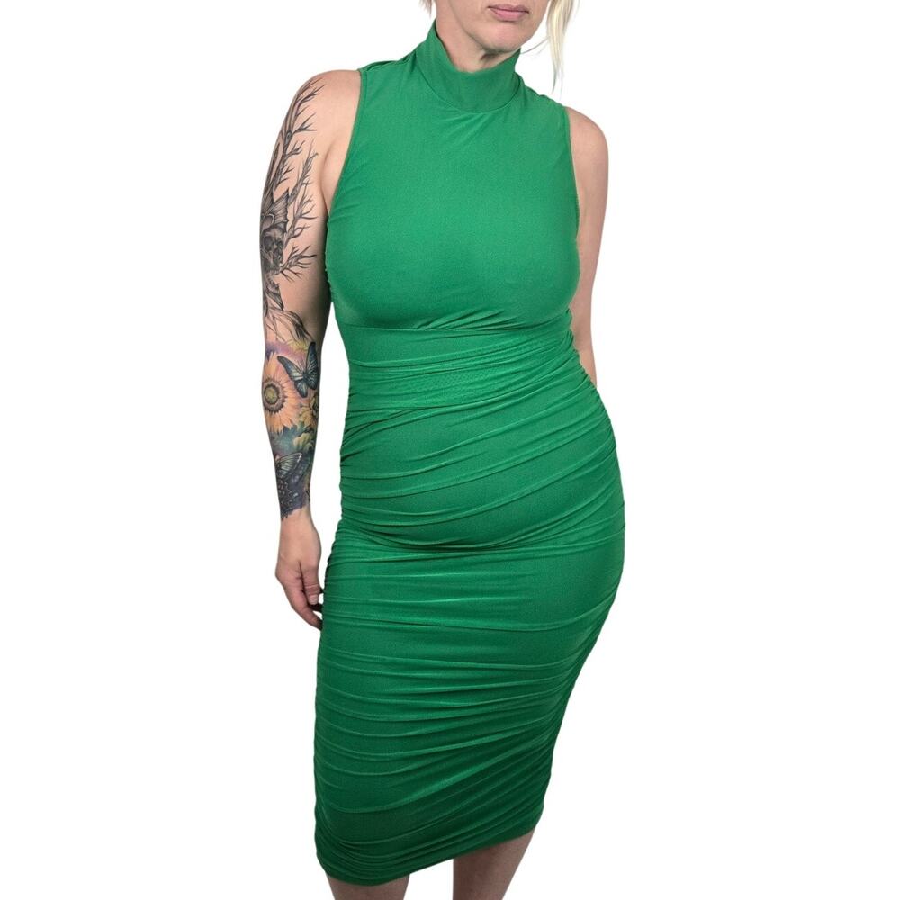 Large Green Sexy Bodycon High Neck Sleeveless Ruched Midi Dress [TF021-Green-L] - Picture 2 of 6